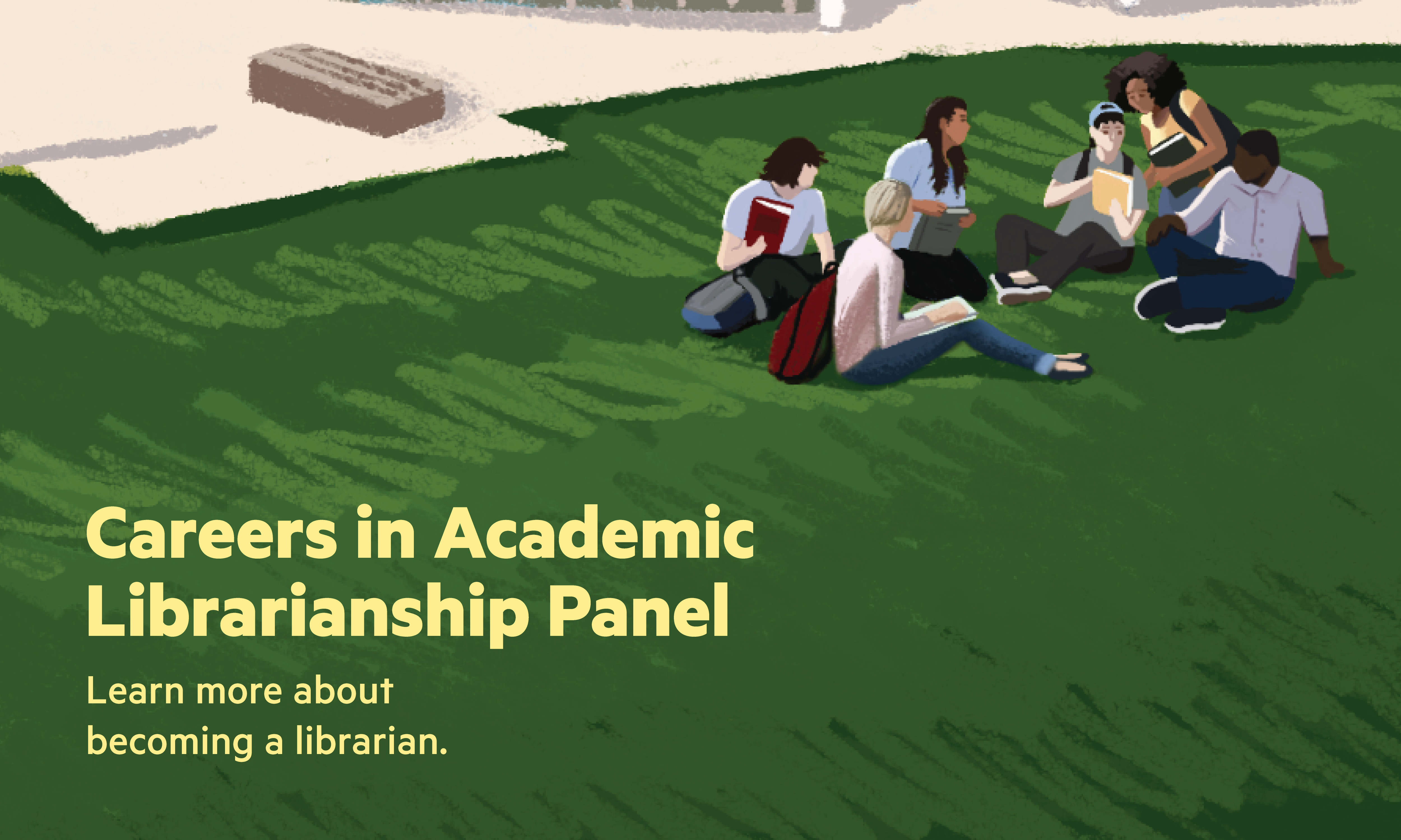 illustration of students on grass in front of library